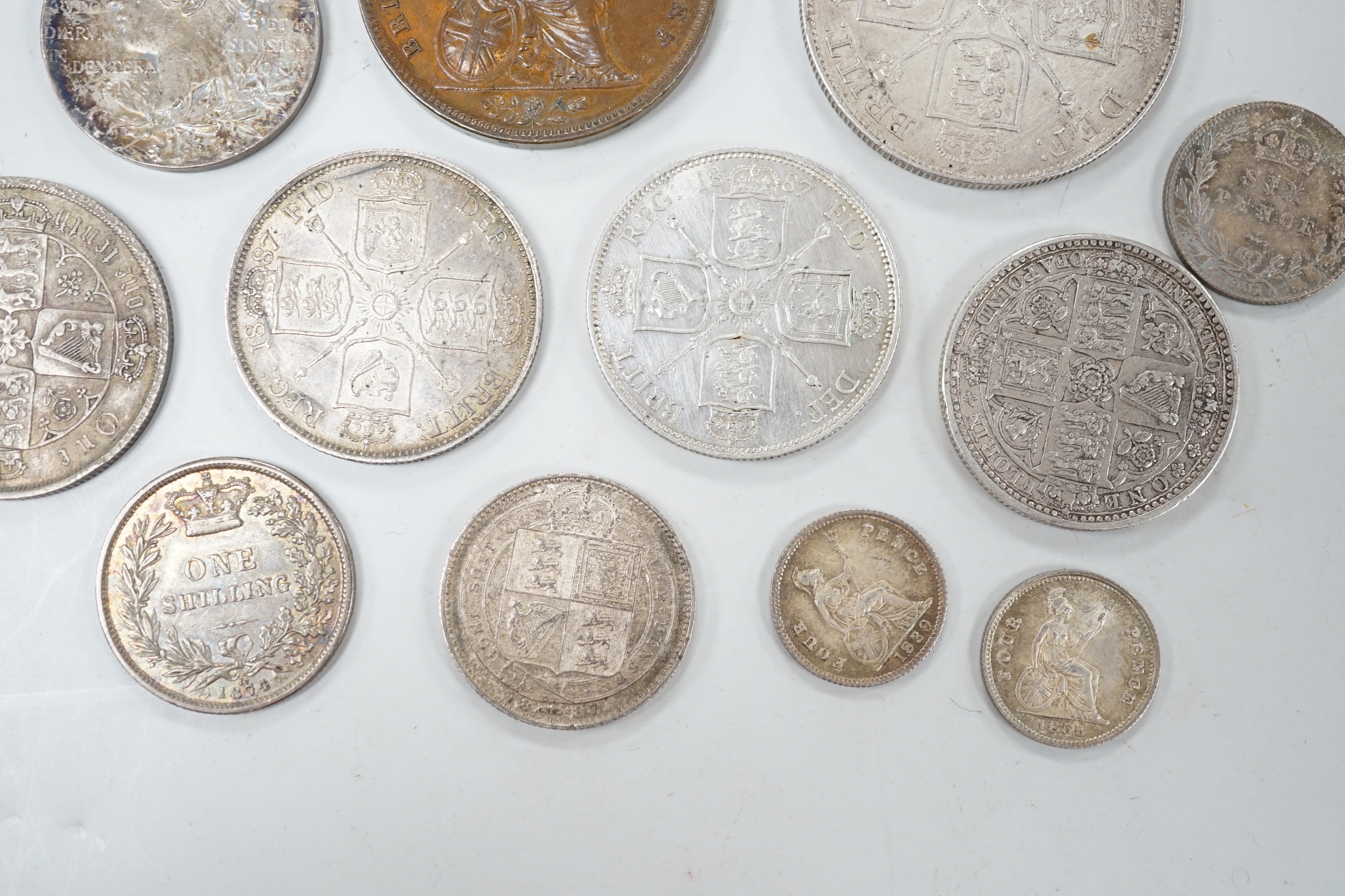 A Victoria double florin 1888 EF florin x 2, 6d 1901 UNC and 7 other Victoria coins and 1841 YH copper penny